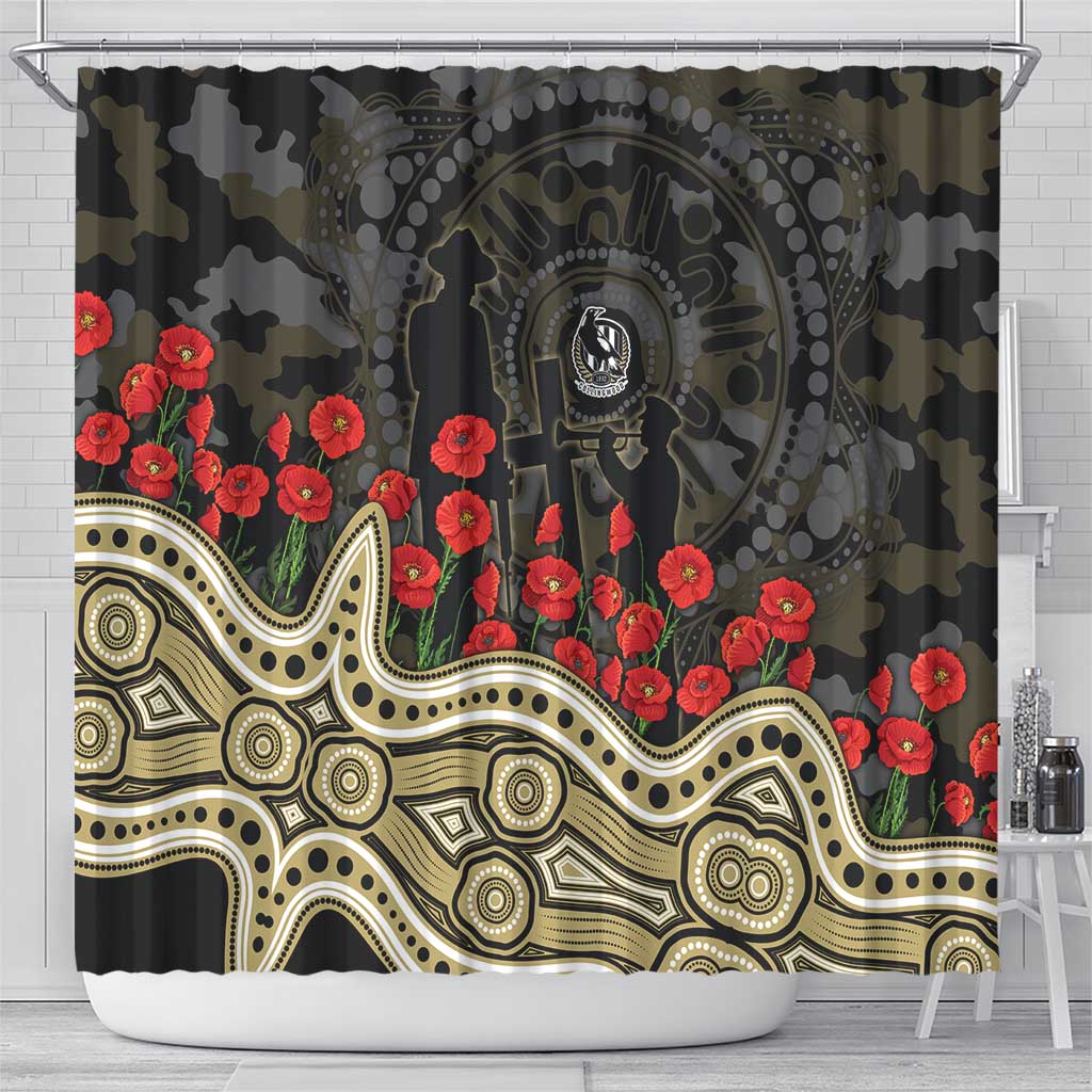 Collingwood Magpies ANZAC Day Shower Curtain Indigenous Dot Art with Poppy Flower Tribute