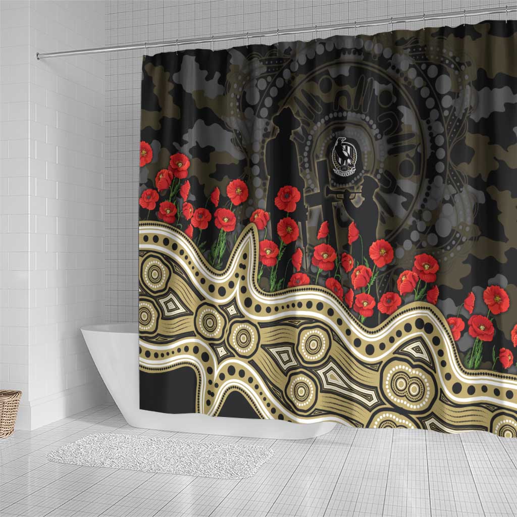 Collingwood Magpies ANZAC Day Shower Curtain Indigenous Dot Art with Poppy Flower Tribute