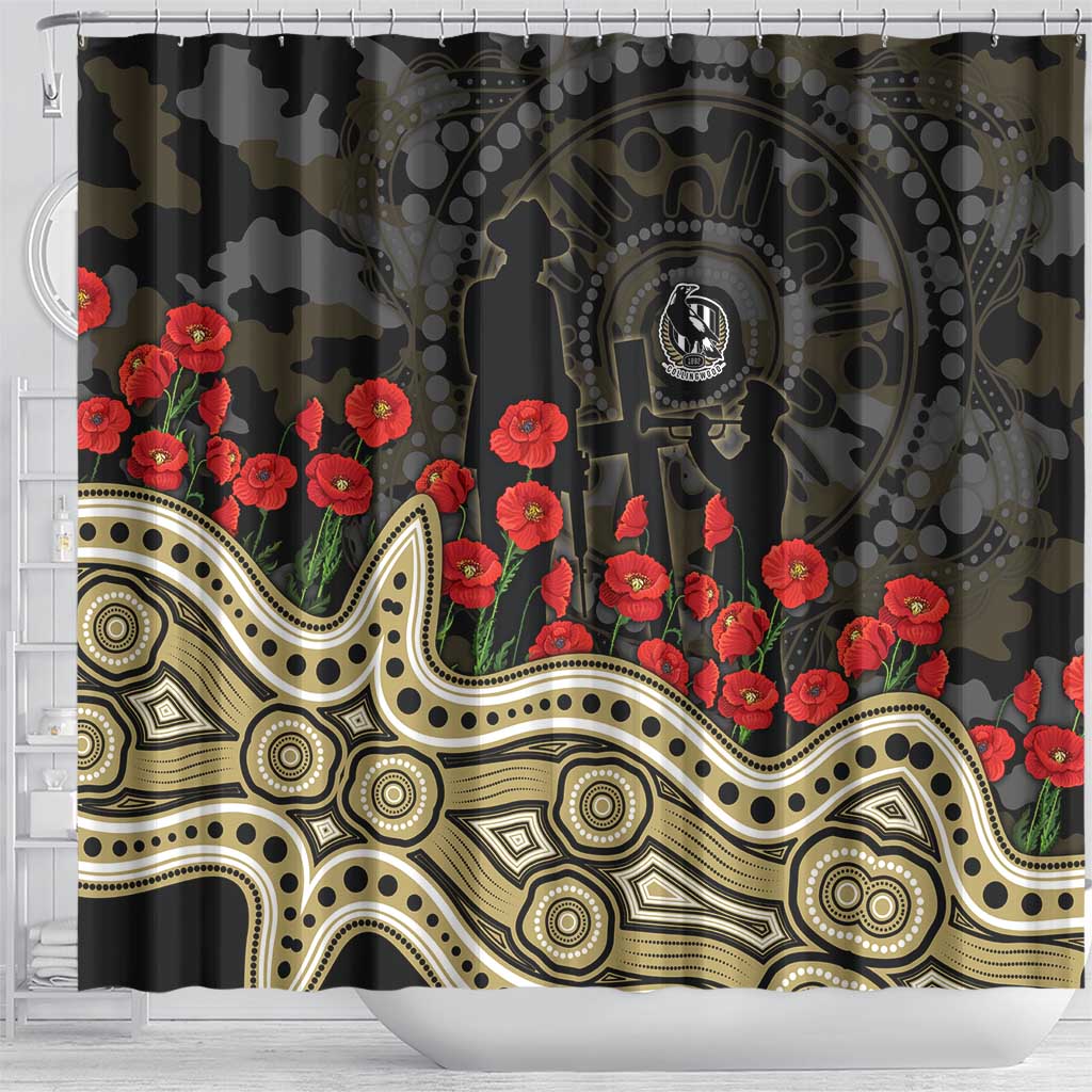 Collingwood Magpies ANZAC Day Shower Curtain Indigenous Dot Art with Poppy Flower Tribute
