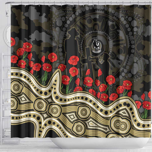 Collingwood Magpies ANZAC Day Shower Curtain Indigenous Dot Art with Poppy Flower Tribute