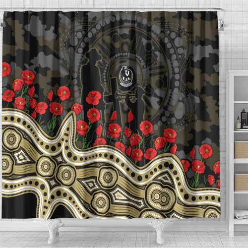 Collingwood Magpies ANZAC Day Shower Curtain Indigenous Dot Art with Poppy Flower Tribute
