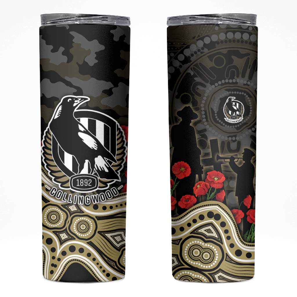 Collingwood Magpies ANZAC Day Skinny Tumbler Indigenous Dot Art with Poppy Flower Tribute