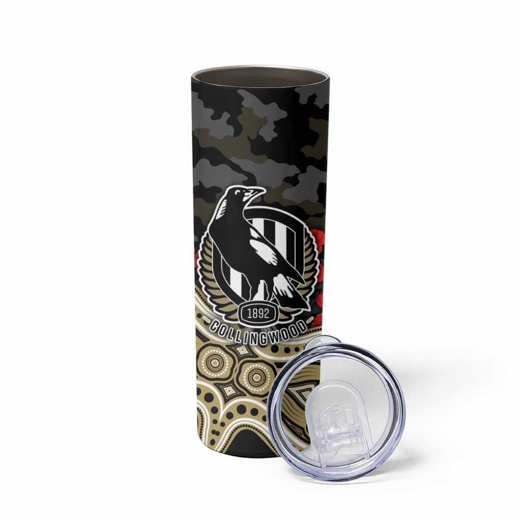 Collingwood Magpies ANZAC Day Skinny Tumbler Indigenous Dot Art with Poppy Flower Tribute