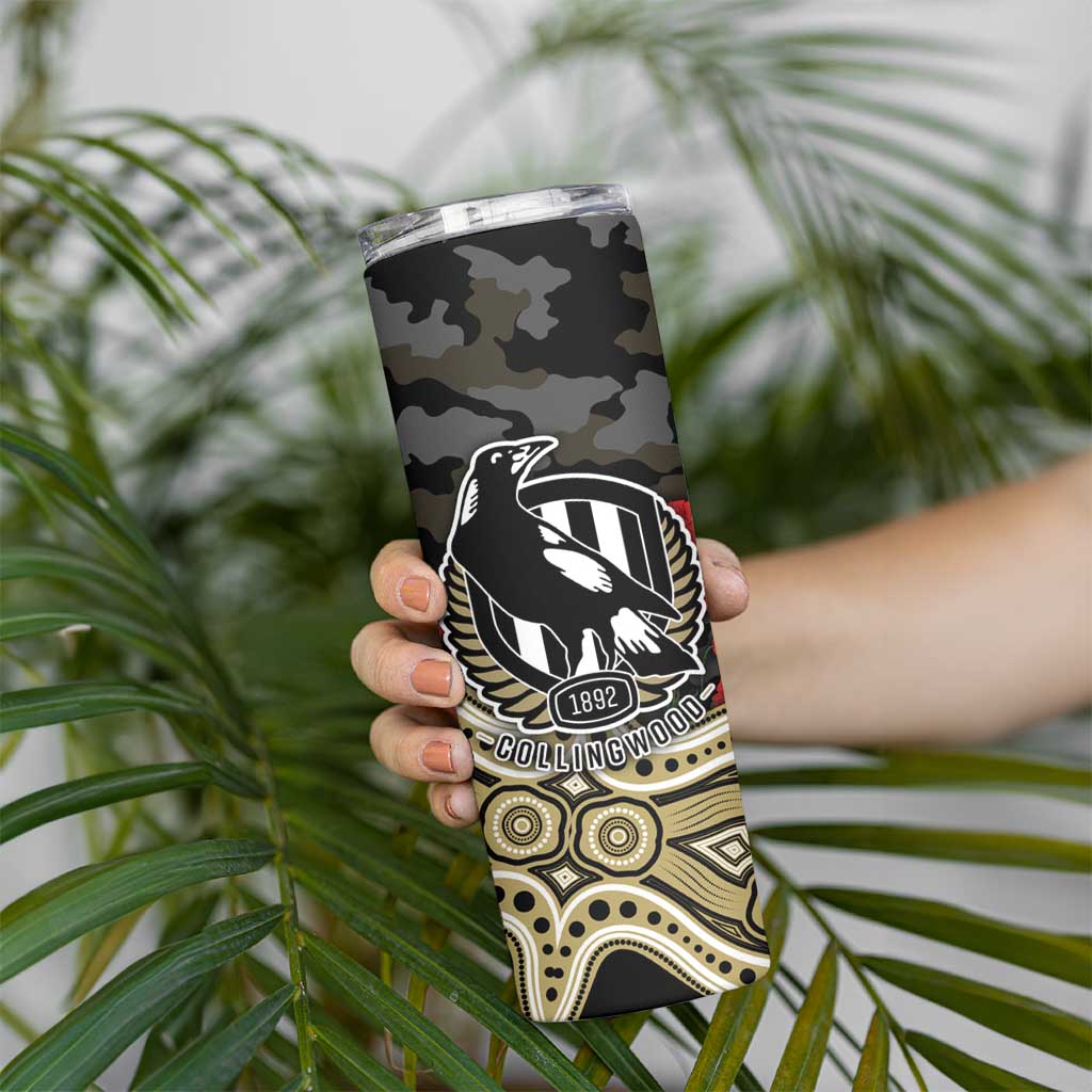Collingwood Magpies ANZAC Day Skinny Tumbler Indigenous Dot Art with Poppy Flower Tribute
