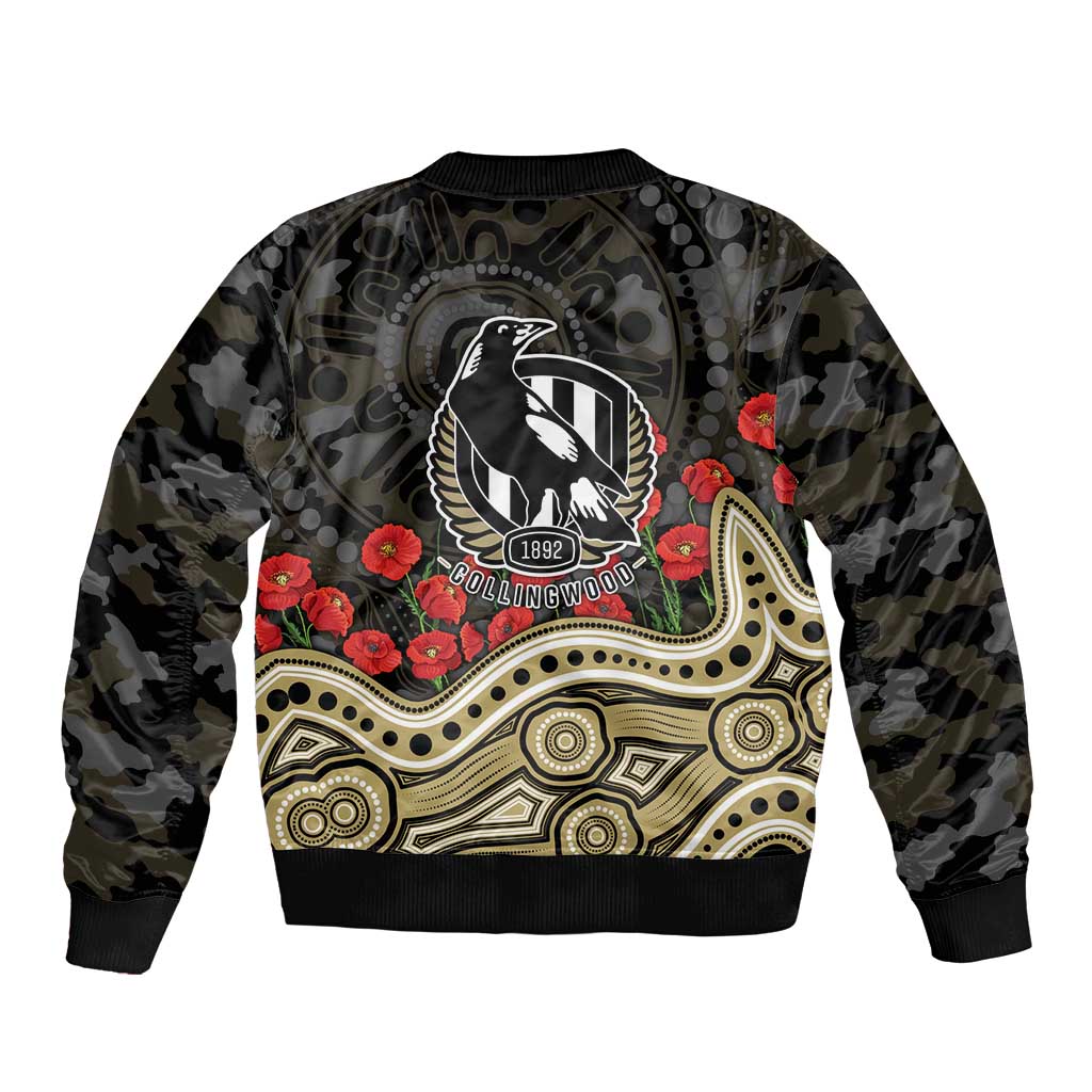 Collingwood Magpies ANZAC Day Sleeve Zip Bomber Jacket Indigenous Dot Art with Poppy Flower Tribute