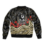 Collingwood Magpies ANZAC Day Sleeve Zip Bomber Jacket Indigenous Dot Art with Poppy Flower Tribute