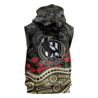 Collingwood Magpies ANZAC Day Sleeveless Hoodie Indigenous Dot Art with Poppy Flower Tribute