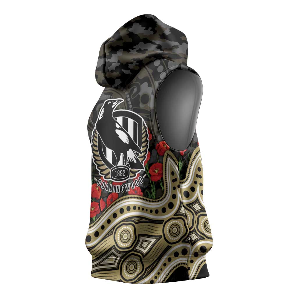 Collingwood Magpies ANZAC Day Sleeveless Hoodie Indigenous Dot Art with Poppy Flower Tribute