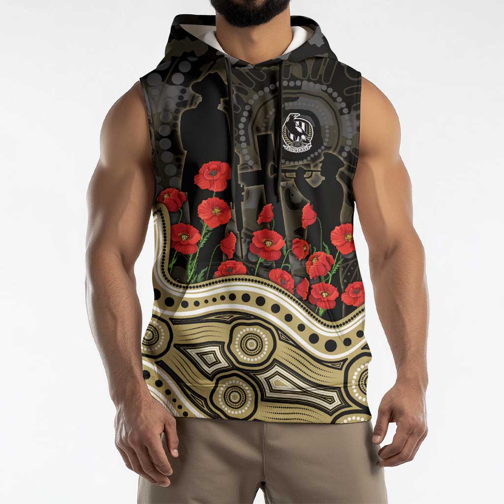 Collingwood Magpies ANZAC Day Sleeveless Hoodie Indigenous Dot Art with Poppy Flower Tribute
