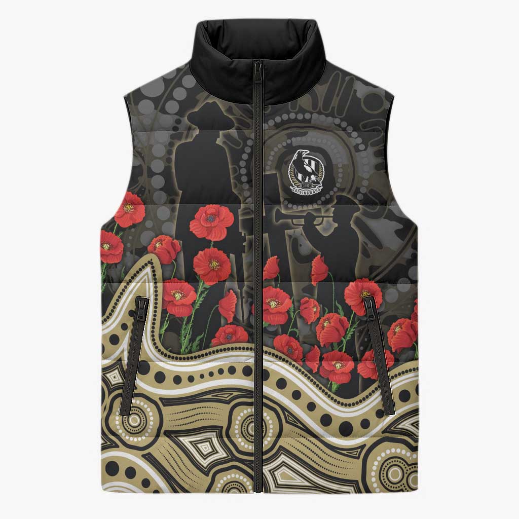 Collingwood Magpies ANZAC Day Sleeveless Puffer Jacket Indigenous Dot Art with Poppy Flower Tribute
