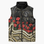 Collingwood Magpies ANZAC Day Sleeveless Puffer Jacket Indigenous Dot Art with Poppy Flower Tribute