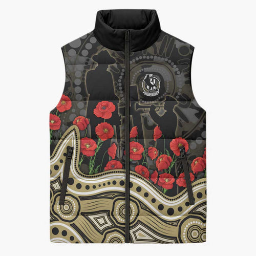 Collingwood Magpies ANZAC Day Sleeveless Puffer Jacket Indigenous Dot Art with Poppy Flower Tribute