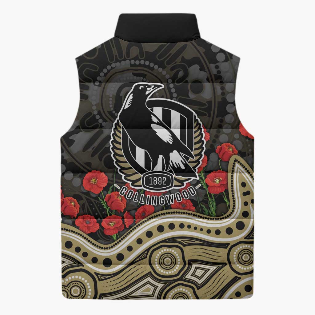 Collingwood Magpies ANZAC Day Sleeveless Puffer Jacket Indigenous Dot Art with Poppy Flower Tribute