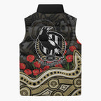 Collingwood Magpies ANZAC Day Sleeveless Puffer Jacket Indigenous Dot Art with Poppy Flower Tribute