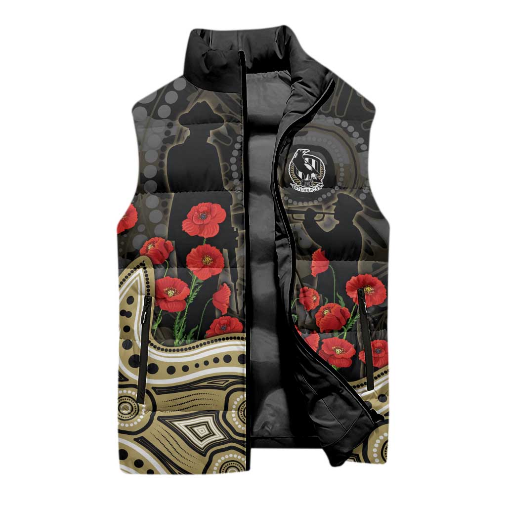 Collingwood Magpies ANZAC Day Sleeveless Puffer Jacket Indigenous Dot Art with Poppy Flower Tribute