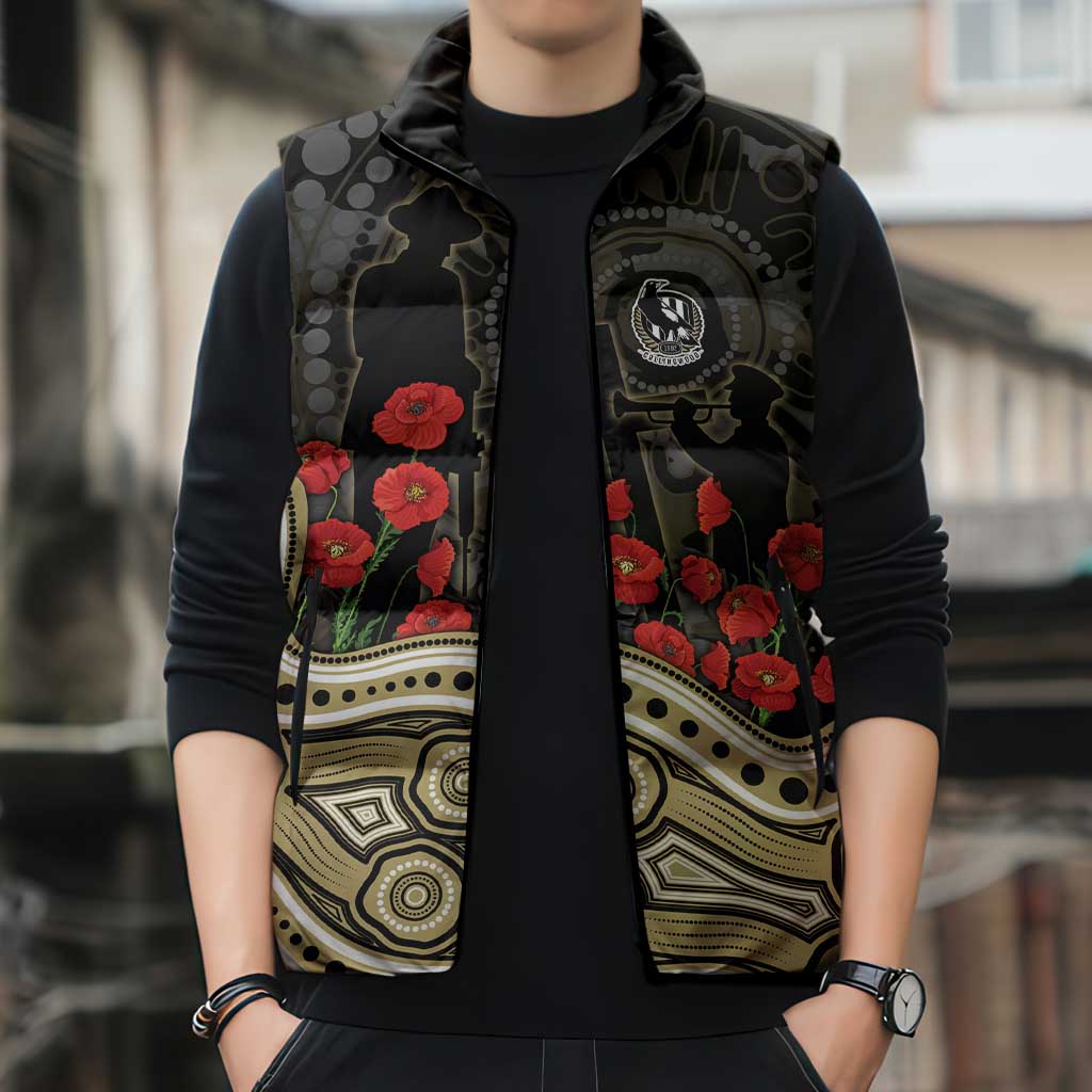 Collingwood Magpies ANZAC Day Sleeveless Puffer Jacket Indigenous Dot Art with Poppy Flower Tribute