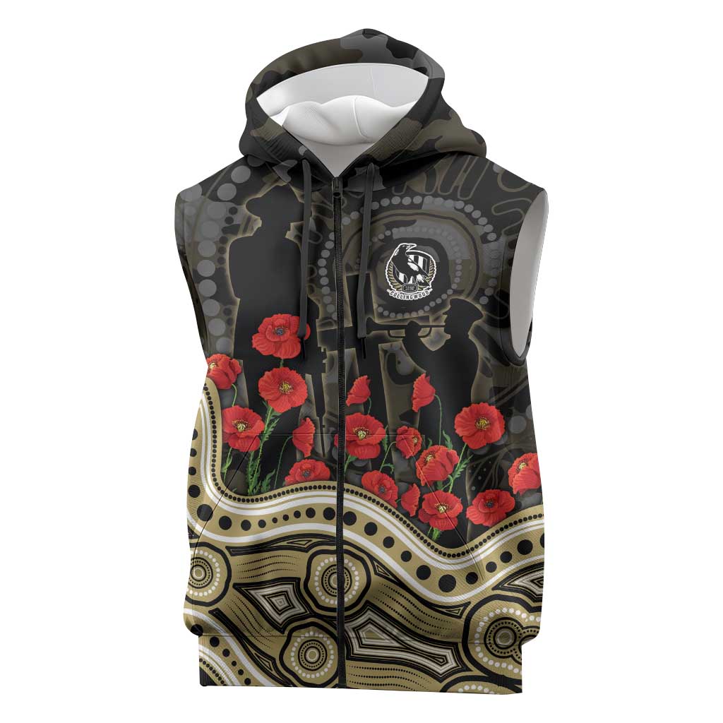 Collingwood Magpies ANZAC Day Sleeveless Zip Hoodie Indigenous Dot Art with Poppy Flower Tribute