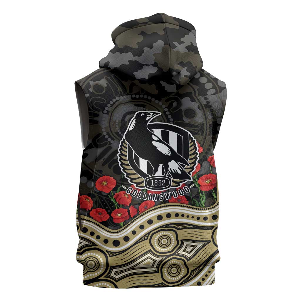 Collingwood Magpies ANZAC Day Sleeveless Zip Hoodie Indigenous Dot Art with Poppy Flower Tribute