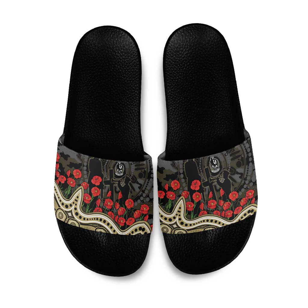 Collingwood Magpies ANZAC Day Slide Sandals Indigenous Dot Art with Poppy Flower Tribute