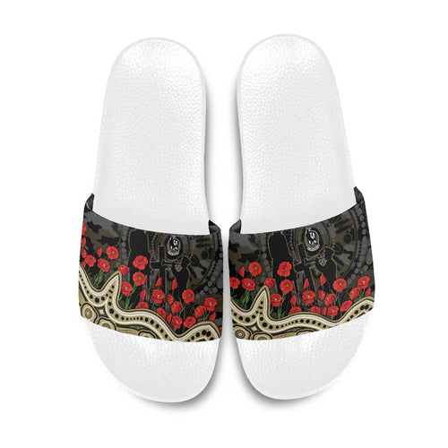 Collingwood Magpies ANZAC Day Slide Sandals Indigenous Dot Art with Poppy Flower Tribute