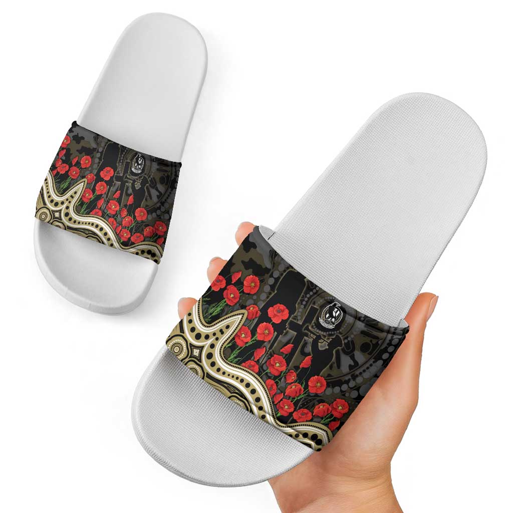 Collingwood Magpies ANZAC Day Slide Sandals Indigenous Dot Art with Poppy Flower Tribute