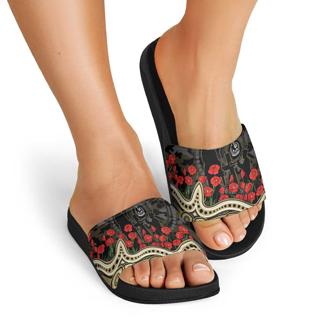 Collingwood Magpies ANZAC Day Slide Sandals Indigenous Dot Art with Poppy Flower Tribute