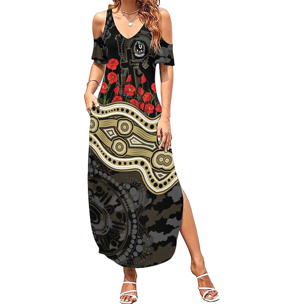 Collingwood Magpies ANZAC Day Summer Maxi Dress Indigenous Dot Art with Poppy Flower Tribute