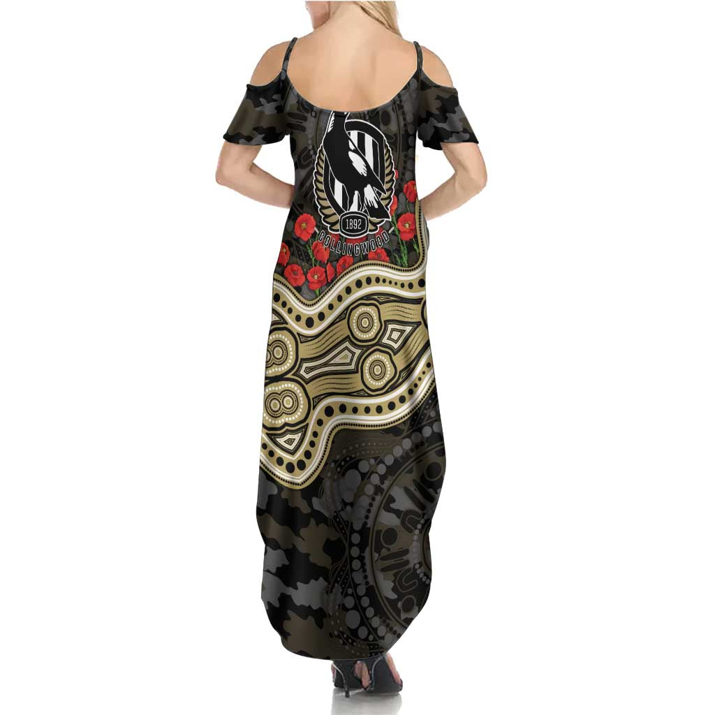 Collingwood Magpies ANZAC Day Summer Maxi Dress Indigenous Dot Art with Poppy Flower Tribute