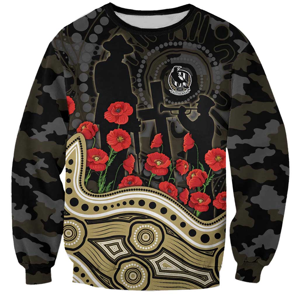 Collingwood Magpies ANZAC Day Sweatshirt Indigenous Dot Art with Poppy Flower Tribute
