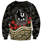 Collingwood Magpies ANZAC Day Sweatshirt Indigenous Dot Art with Poppy Flower Tribute