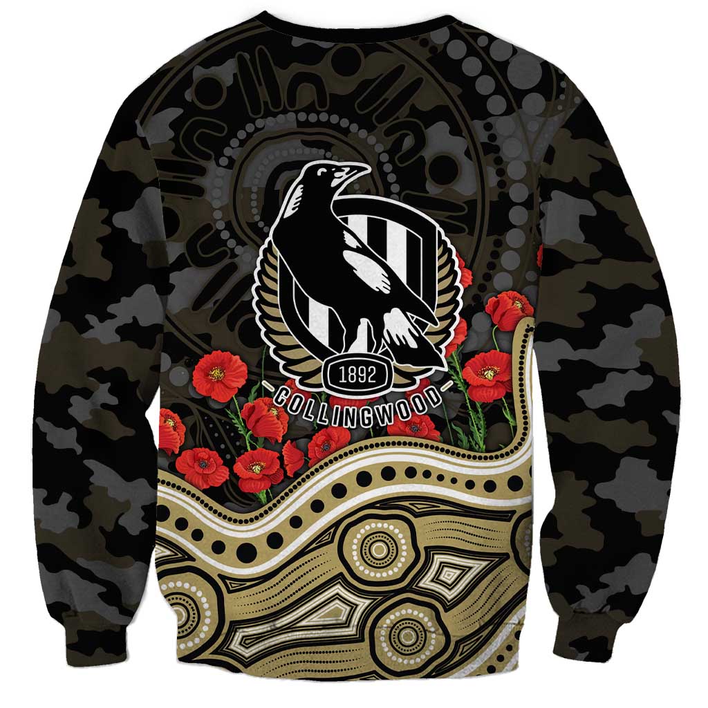 Collingwood Magpies ANZAC Day Sweatshirt Indigenous Dot Art with Poppy Flower Tribute