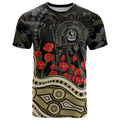 Collingwood Magpies ANZAC Day T Shirt Indigenous Dot Art with Poppy Flower Tribute