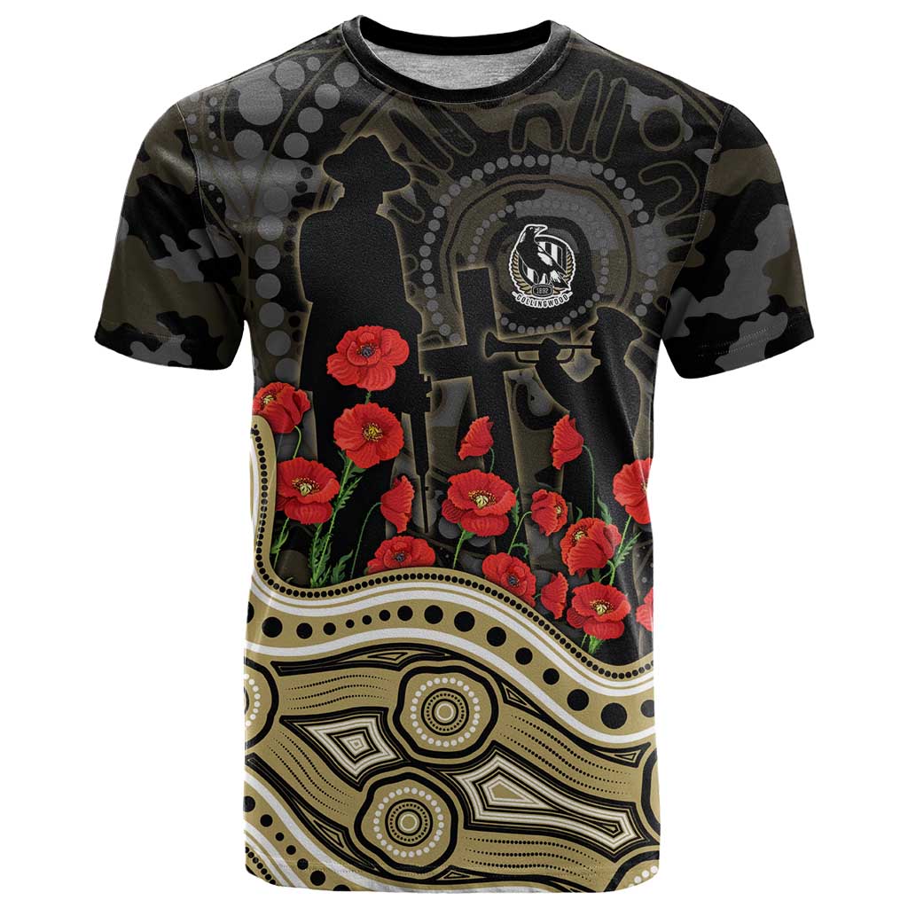 Collingwood Magpies ANZAC Day T Shirt Indigenous Dot Art with Poppy Flower Tribute