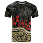 Collingwood Magpies ANZAC Day T Shirt Indigenous Dot Art with Poppy Flower Tribute