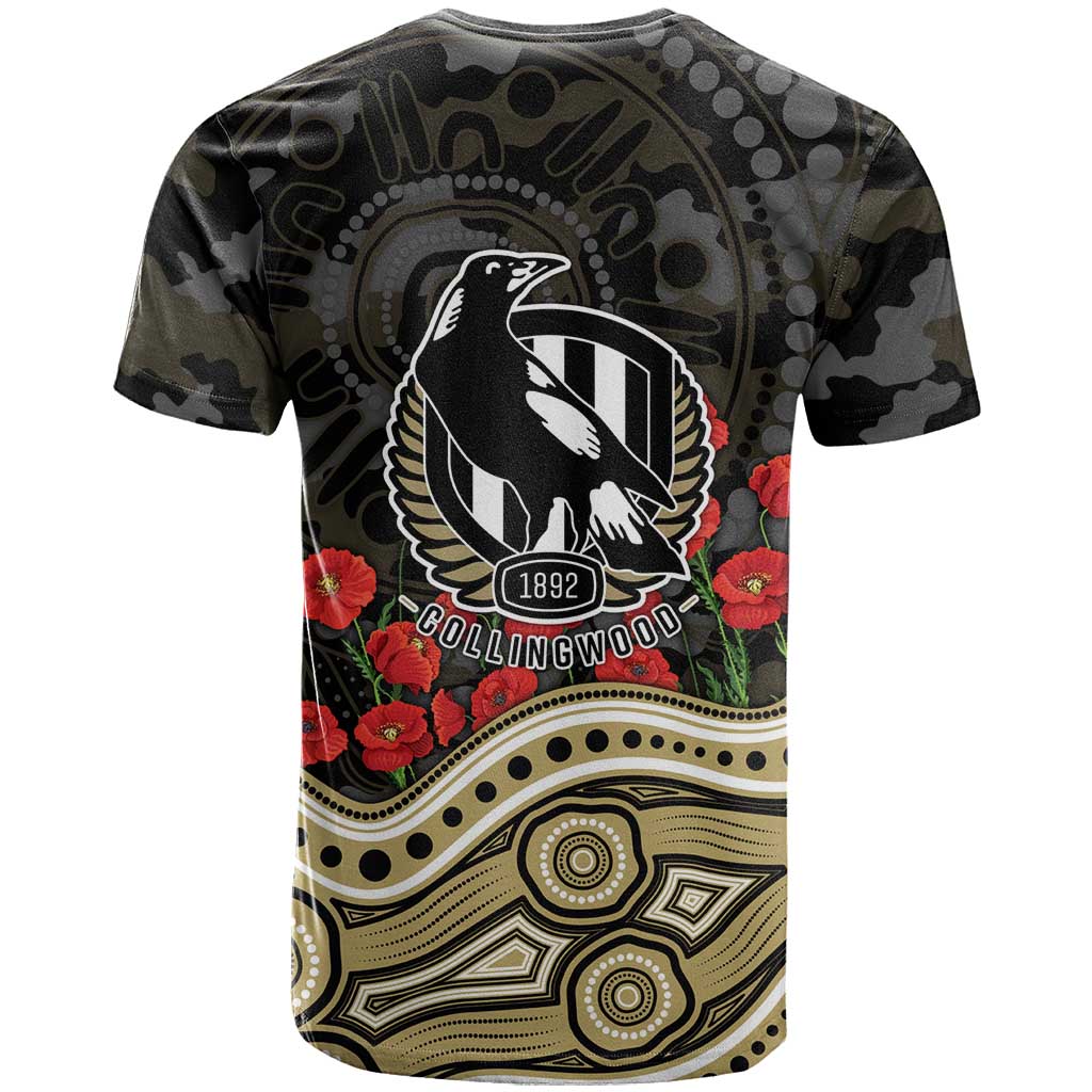 Collingwood Magpies ANZAC Day T Shirt Indigenous Dot Art with Poppy Flower Tribute