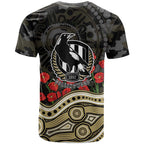 Collingwood Magpies ANZAC Day T Shirt Indigenous Dot Art with Poppy Flower Tribute