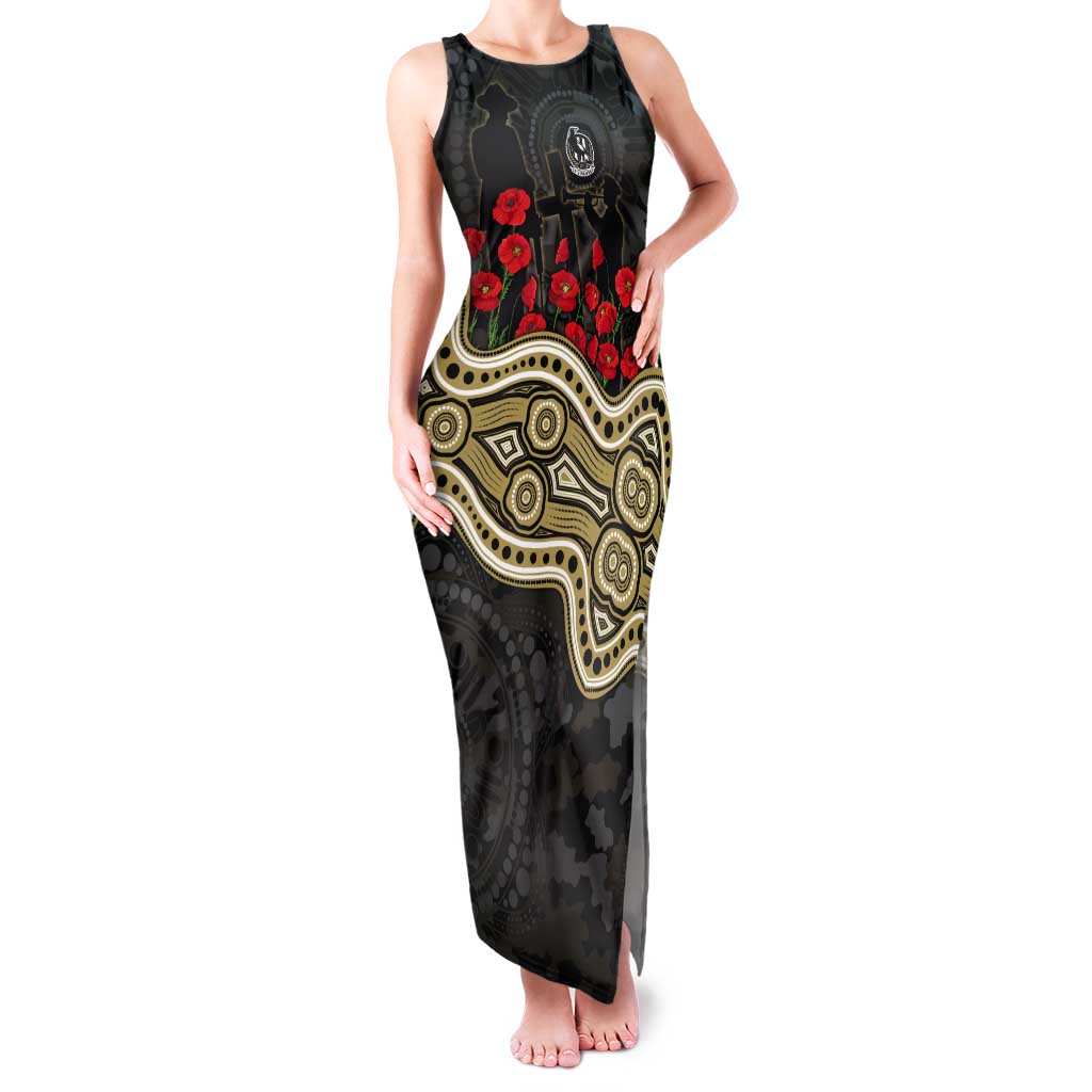 Collingwood Magpies ANZAC Day Tank Maxi Dress Indigenous Dot Art with Poppy Flower Tribute