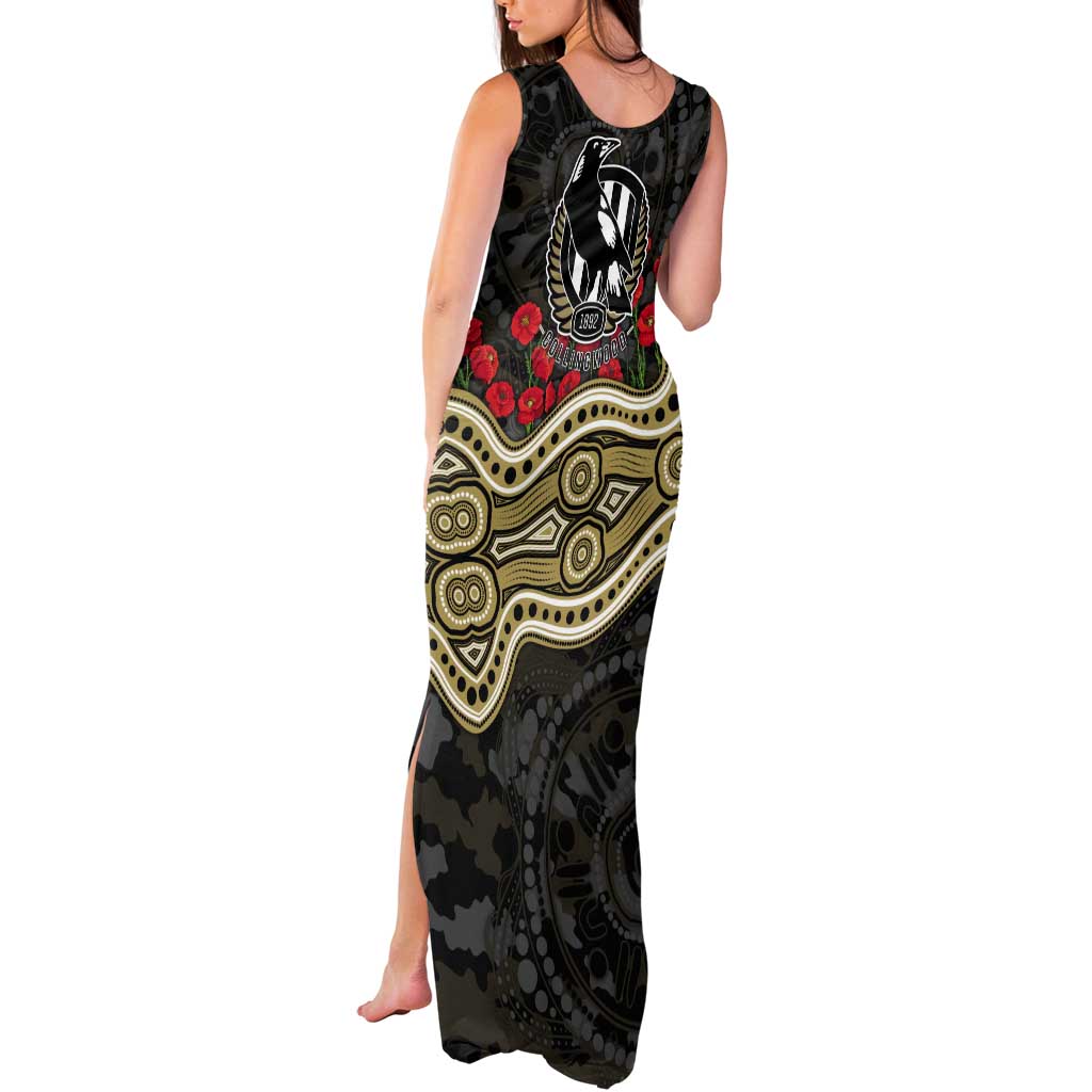 Collingwood Magpies ANZAC Day Tank Maxi Dress Indigenous Dot Art with Poppy Flower Tribute