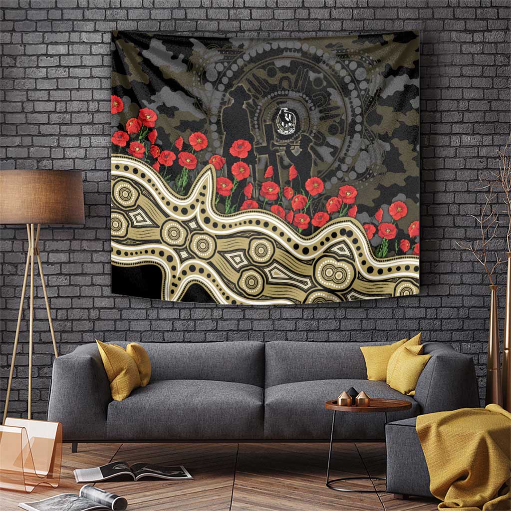 Collingwood Magpies ANZAC Day Tapestry Indigenous Dot Art with Poppy Flower Tribute