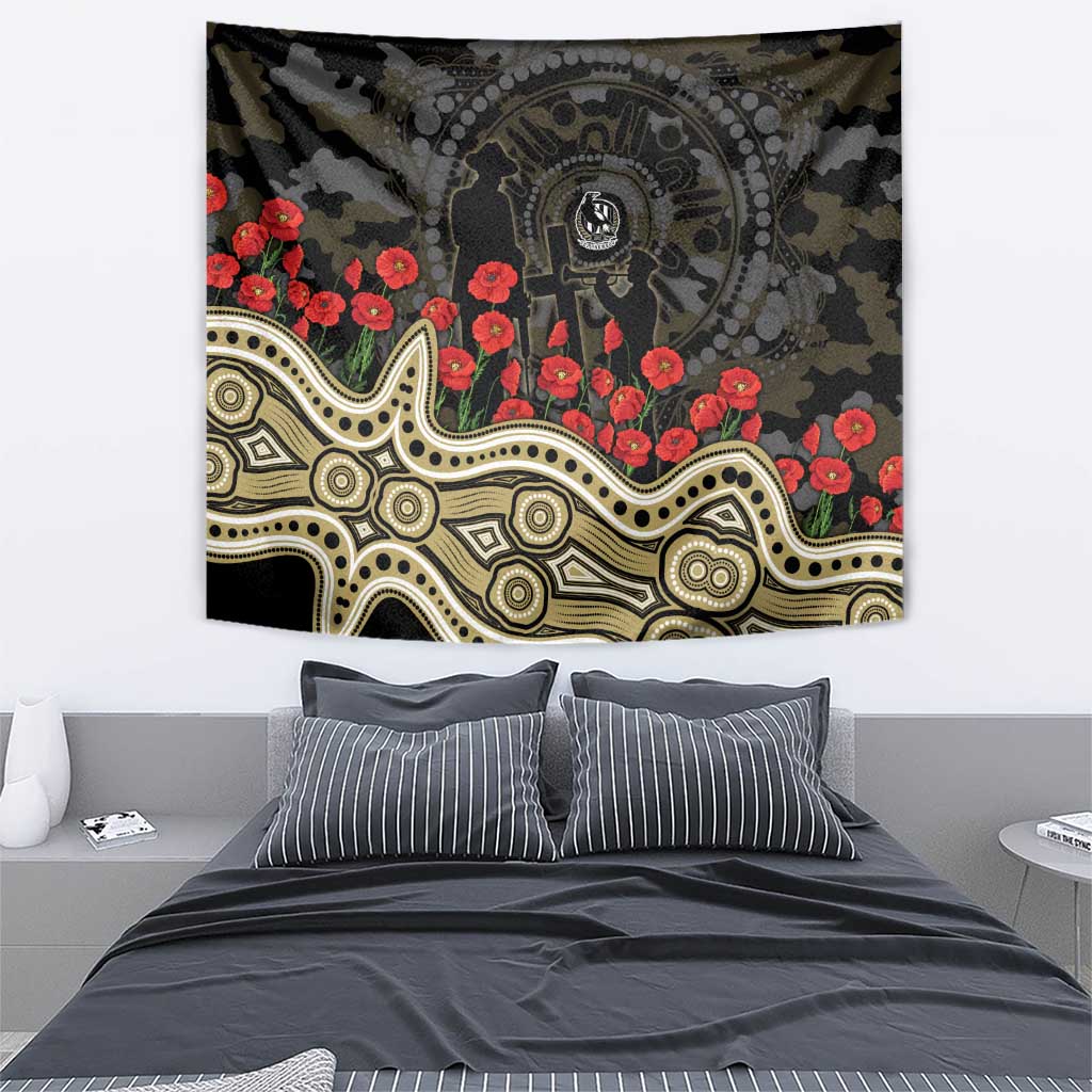 Collingwood Magpies ANZAC Day Tapestry Indigenous Dot Art with Poppy Flower Tribute