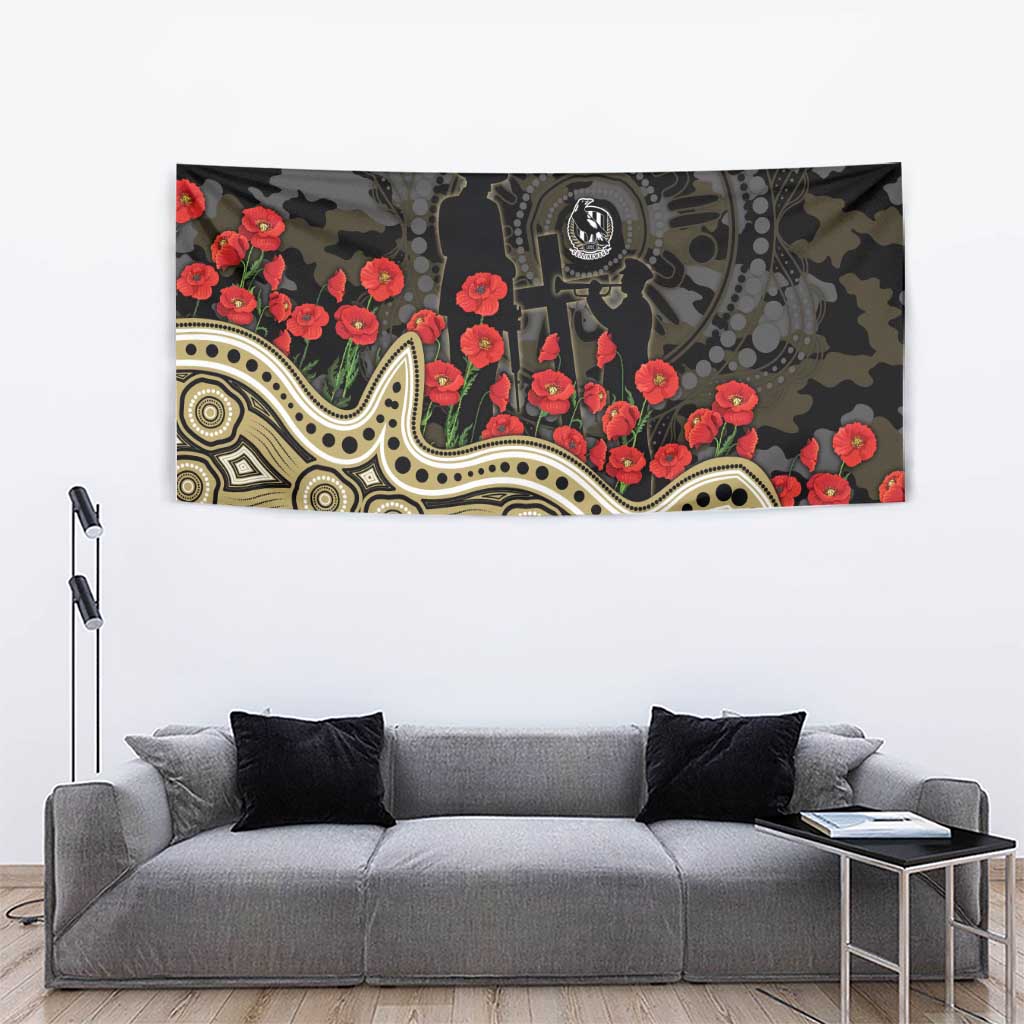Collingwood Magpies ANZAC Day Tapestry Indigenous Dot Art with Poppy Flower Tribute