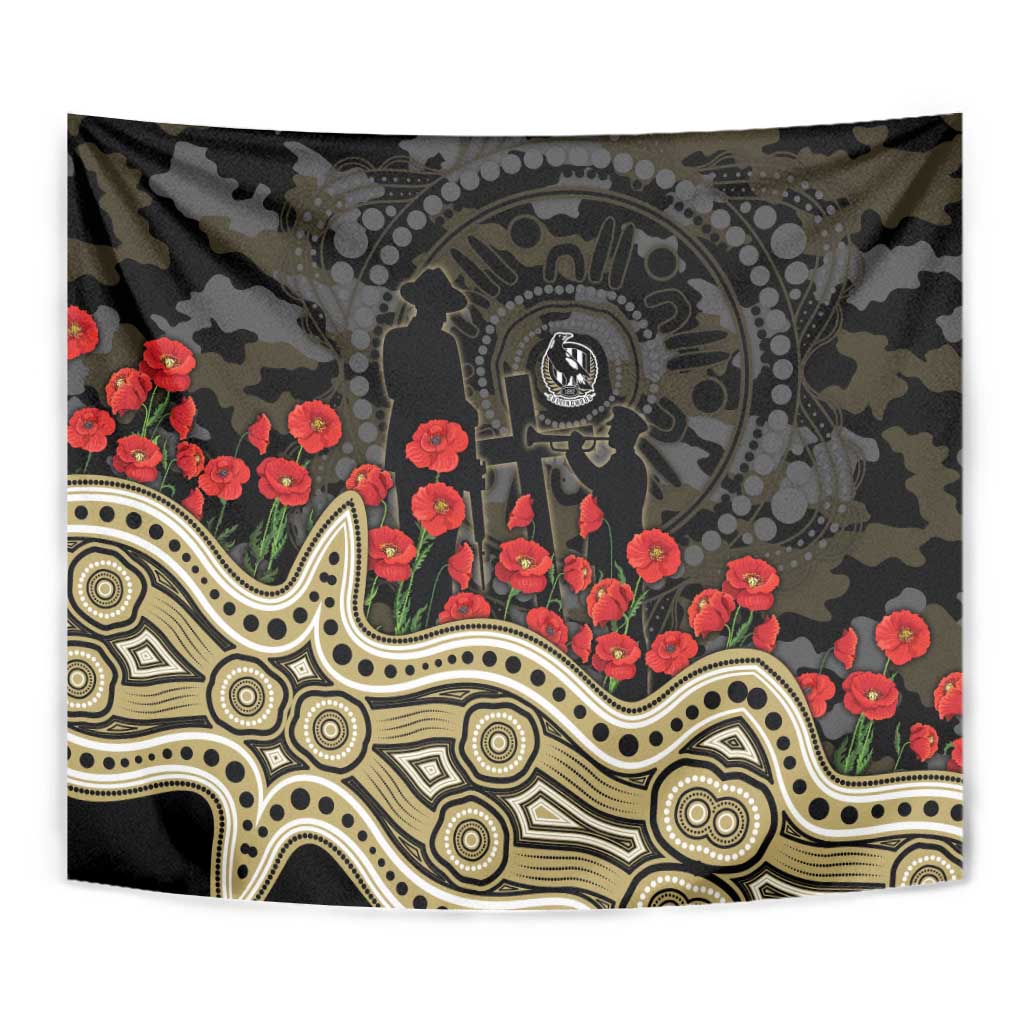 Collingwood Magpies ANZAC Day Tapestry Indigenous Dot Art with Poppy Flower Tribute