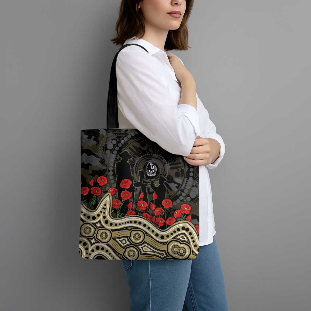 Collingwood Magpies ANZAC Day Tote Bag Indigenous Dot Art with Poppy Flower Tribute