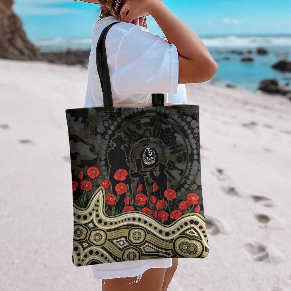 Collingwood Magpies ANZAC Day Tote Bag Indigenous Dot Art with Poppy Flower Tribute