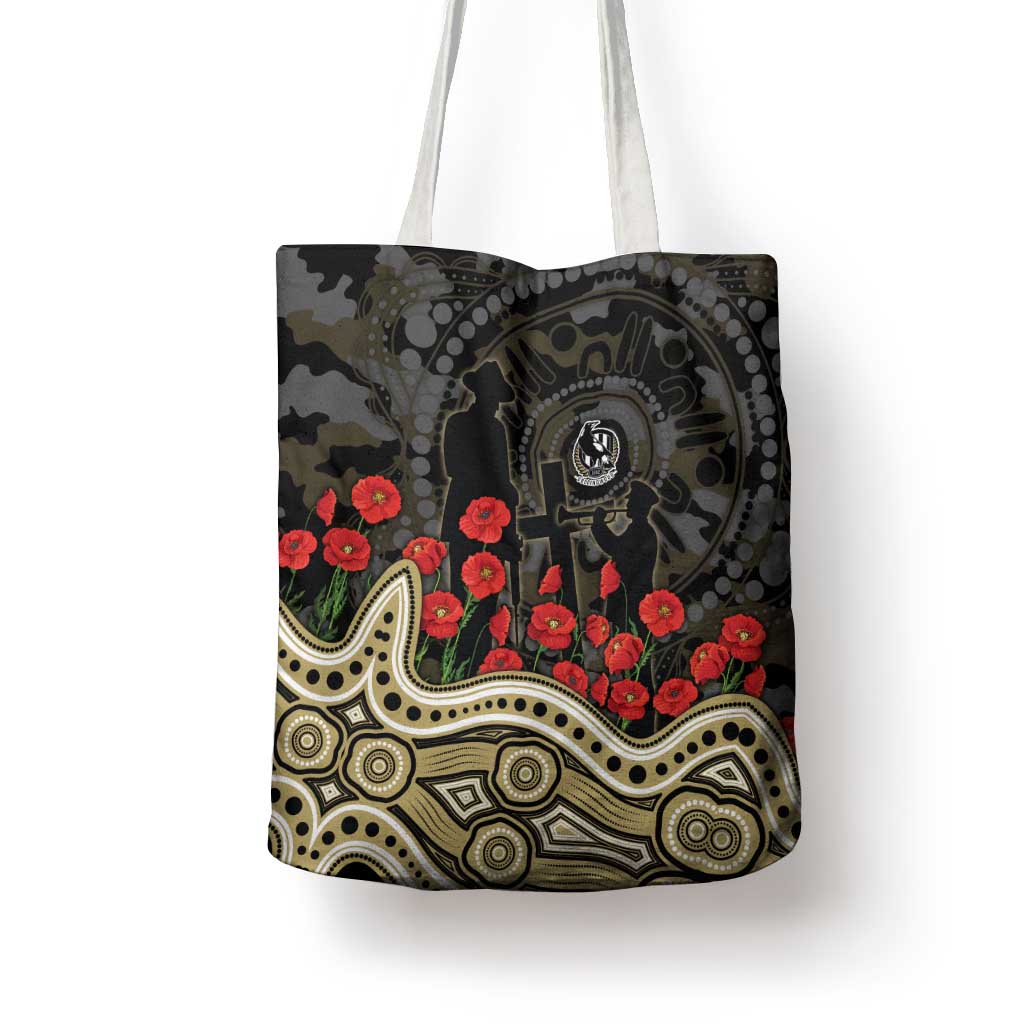 Collingwood Magpies ANZAC Day Tote Bag Indigenous Dot Art with Poppy Flower Tribute