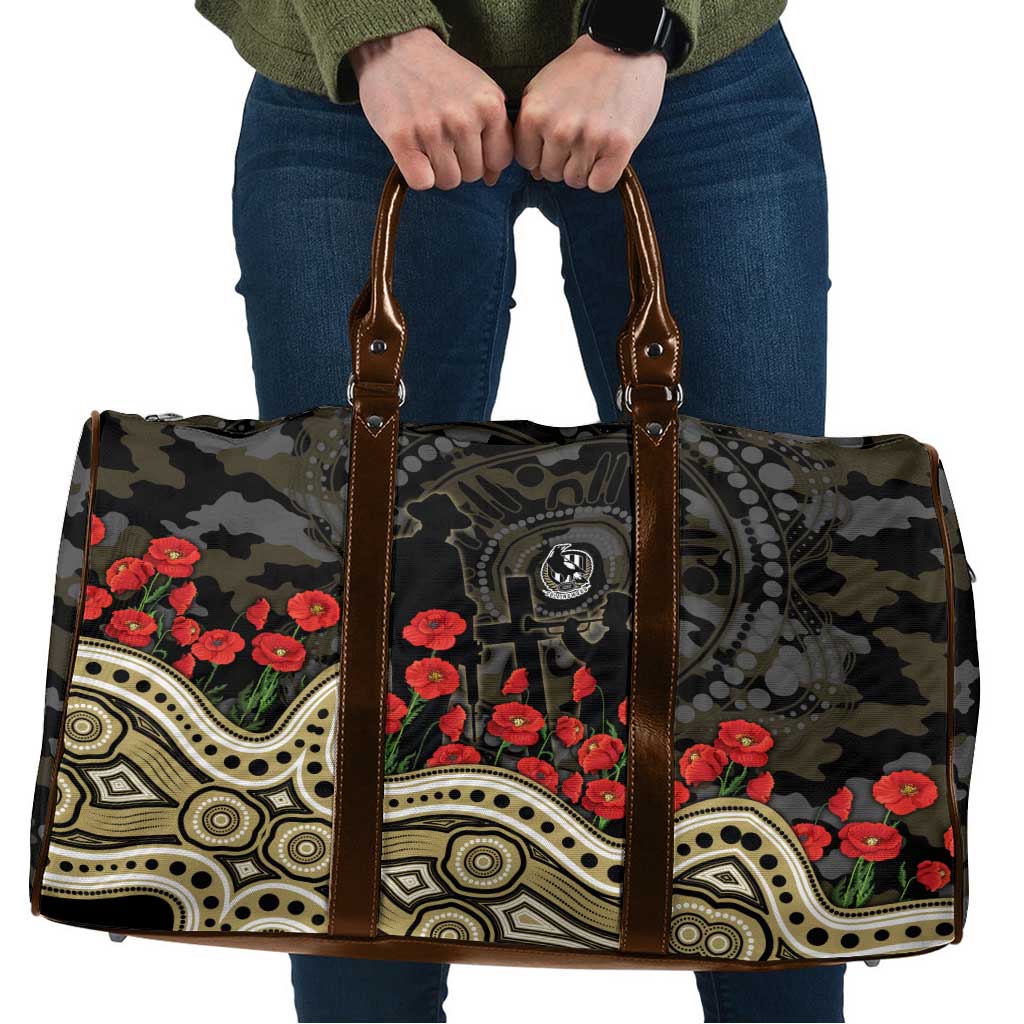 Collingwood Magpies ANZAC Day Travel Bag Indigenous Dot Art with Poppy Flower Tribute