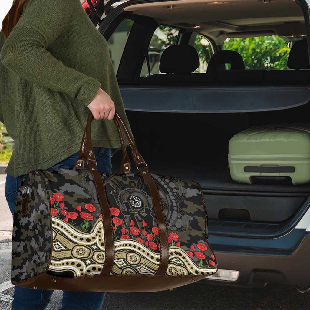 Collingwood Magpies ANZAC Day Travel Bag Indigenous Dot Art with Poppy Flower Tribute