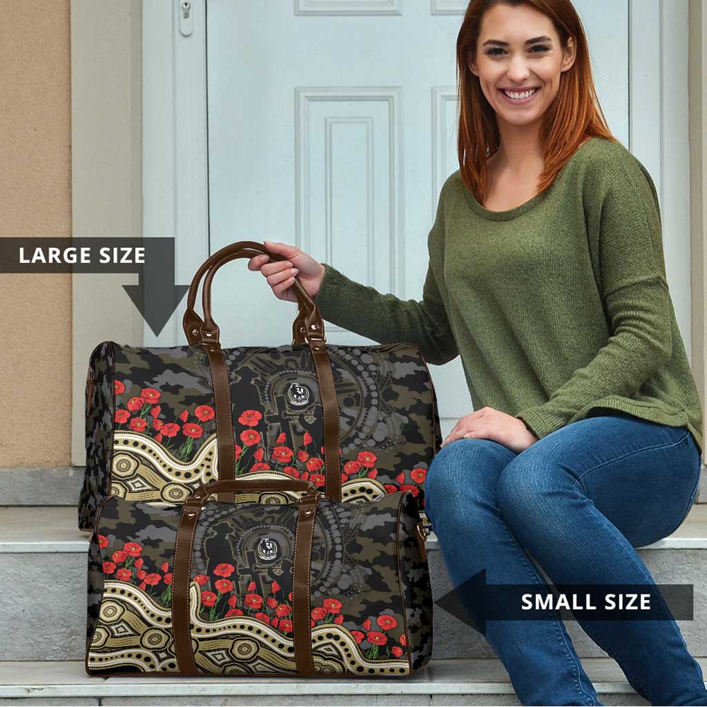 Collingwood Magpies ANZAC Day Travel Bag Indigenous Dot Art with Poppy Flower Tribute