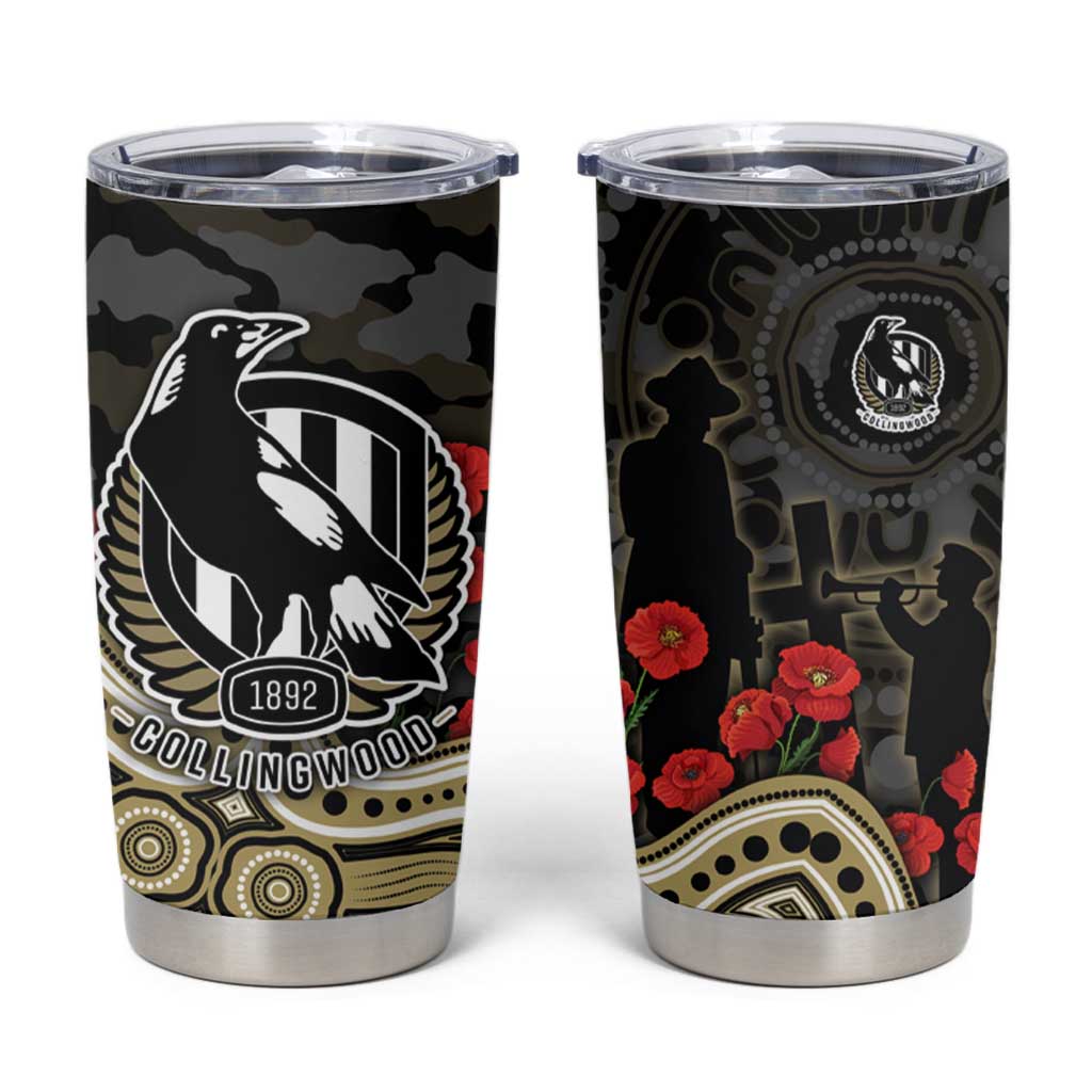 Collingwood Magpies ANZAC Day Tumbler Cup Indigenous Dot Art with Poppy Flower Tribute