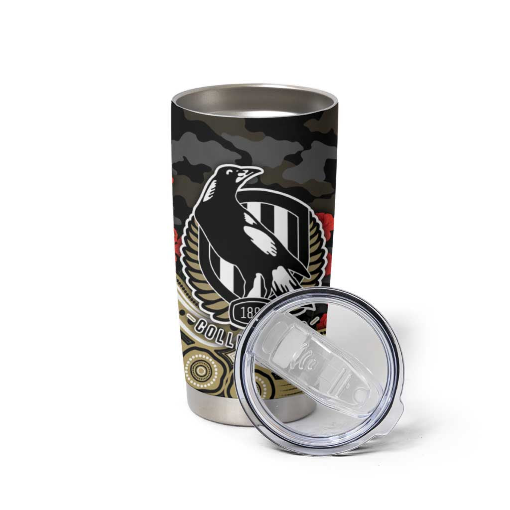 Collingwood Magpies ANZAC Day Tumbler Cup Indigenous Dot Art with Poppy Flower Tribute